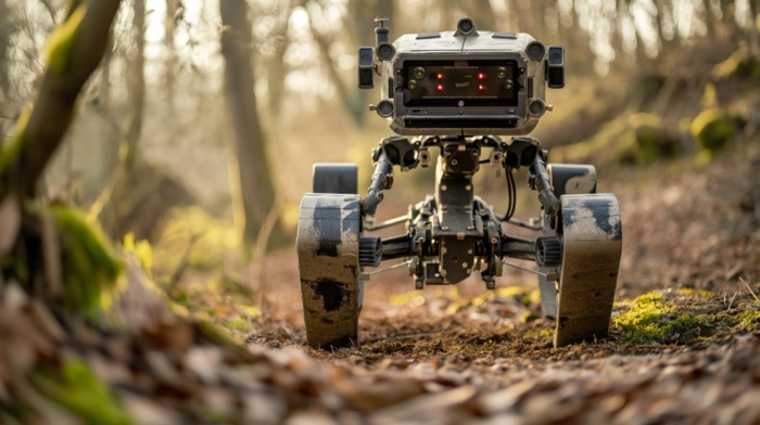 A small robotic vehicle on a forest floor