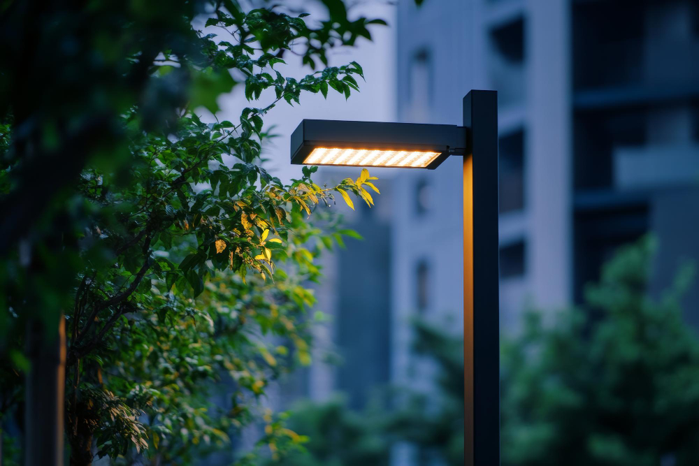 Smart street light glowing at dusk
